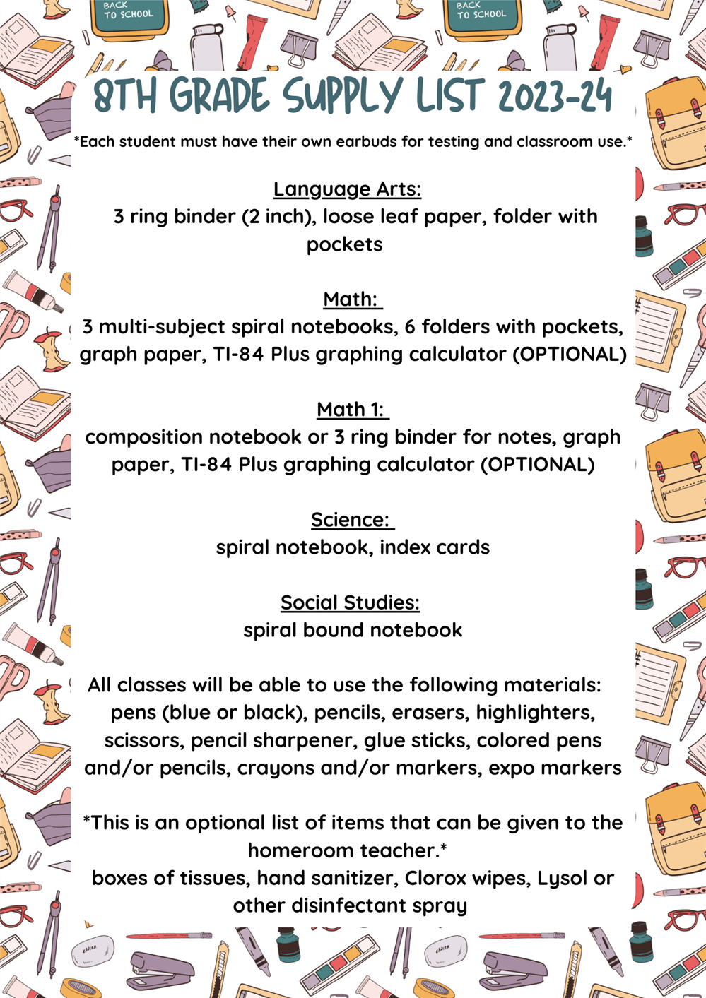  8th Grade Supply List